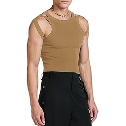 Slim Fit Tank Top, Men Knitted Vest Machine Wash Polyester Fabric No Deformation Solid Color Hollow Design for Daily Leisure (S) Brown-image-5