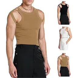Slim Fit Tank Top, Men Knitted Vest Machine Wash Polyester Fabric No Deformation Solid Color Hollow Design for Daily Leisure (XL) Brown-image-13