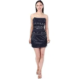 fam india Women's Navy Blue Sequin Bodycon Mini Dress | Sleeveless Western Short Dress-picture-54