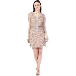 fam india Women's Polyester Beige Short Dress | V-Neck Mini Dress with Sequin Embroidery and Sheer Full Sleeves-picture-12