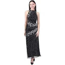 fam india Women's Polyester Black Maxi Dress | Sleeveless Gown with Sequin Detailing and Round Neck-picture-10