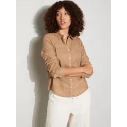 Fame Forever By Lifestyle Light Brown Cotton Regular Fit Embroidered Shirt-picture-12