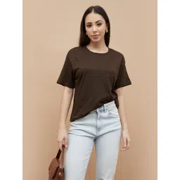 fame forever by lifestyle Women Solid Round Neck Cotton Blend Brown T-Shirt-picture-12