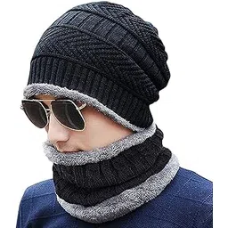 famkart Men & Women Woolen Beanie Cap | Winter Knit Hat & Scarf Set | Unisex Cold Weather Accessory | Lightweight & Warm Winter Cap (Black)-picture-25