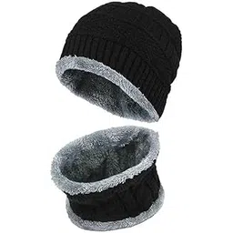 famkart Stylish Men & Women Woolen Beanie Cap | Winter Knit Hat & Scarf Set | Cold Weather Accessory | Lightweight & Warm Winter Cap (Black)-picture-47