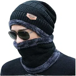 famkart Stylish Men & Women Woolen Beanie Cap | Winter Knit Hat & Scarf Set | Lightweight & Warm Winter Cap (Black) | Cold Weather Accessory-picture-24