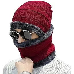 famkart Stylish Men & Women Woolen Beanie with Neck Scarf Cap | Winter Knit Hat & Scarf Set | Cold Weather Accessory | Lightweight & Warm Winter Cap (Red)-picture-19