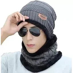 famkart Stylish Men Woolen Monkey Cap | Winter Knit Hat & Scarf Set | Cold Weather Accessory | Lightweight & Warm Winter Cap (Grey) image 1