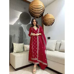 FANCIFLAIR Women Ethnic Motifs Embroidered Regular Thread Work Kurta with Palazzos & With Dupatta-picture-34