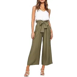 fancyinn Womens 2 Piece Crop Pants Set V Neck Tank Wide Strap Tops High Waisted Cropped Paper Bag Pants with Belt Olive M-picture-35