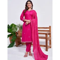 FANCYNINE Ethnic Motifs Embroidered Sequinned Kurta With Trousers & Dupatta-picture-12