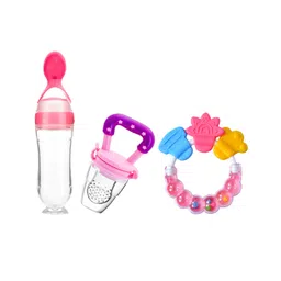 FANTASY INDIA Combo of Fruit And Food Nibbler Spoon Feeder and Rattle Teether- Pink-picture-6