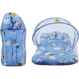 FARETO New Born Baby Gift Pack Teddy Print Mattress with Mosquito Net & Sleeping Bag Combo (Blue)-picture-23