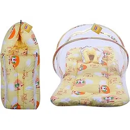 Fareto® New Born Baby Gift Pack Cat Print Mattress with Mosquito Net & Sleeping Bag Combo (Blue) (Yellow)-picture-32