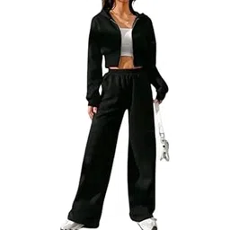 farukhi creation Women's Two Piece Tracksuit Set, Black Cropped Zip-Up Hoodie with Wide Leg Sweatpants, Casual Athletic Loungewear (IN, Alpha, S, Regular, Black)-picture-11