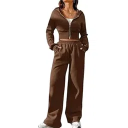 farukhi creation Women's Two Piece Tracksuit Set, Brown Cropped Zip-Up Hoodie with Wide Leg Sweatpants, Casual Athletic Loungewear-picture-16