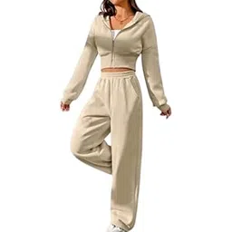 farukhi creation Women's Two Piece Tracksuit Set, Cream Cropped Zip-Up Hoodie with Wide Leg Sweatpants, Casual Athletic Loungewear (IN, Alpha, M, Regular, Cream)-picture-15