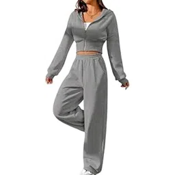 farukhi creation Women's Two Piece Tracksuit Set, Grey Cropped Zip-Up Hoodie with Wide Leg Sweatpants, Casual Athletic Loungewear (IN, Alpha, S, Regular, Grey)-picture-13