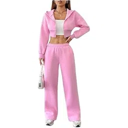farukhi creation Women's Two Piece Tracksuit Set, Pink Cropped Zip-Up Hoodie with Wide Leg Sweatpants, Casual Athletic Loungewear (IN, Alpha, S, Regular, Pink)-picture-15