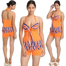 fascinating lingerie Very Pleasing Swim Sexy Multi Orange Blue Striped Haltered Neck Two Piece Boyleg Bottom Tankini-Beach Wear-picture-18