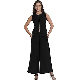 fashfun clothing Fashfun Women's Black Solid Linen Blend Waistcoat with Trouser Cordset-picture-41