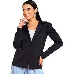 fashfun clothing Fashfun Women's Navy Blue Solid Blazer with Puff Sleeve-picture-19