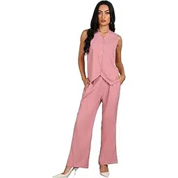 fashfun clothing Fashfun Women's Pink Solid Texture Waistcoat Co-ord Set-picture-14