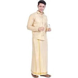 fashily Men's Traditional Indian Shirt and Dhoti Set, Full Sleeves Tissue Silk Cotton Shirt With Double Dhoti 4 metres for men-picture-56