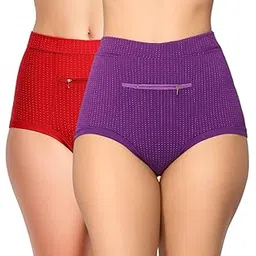 fashiol Women's High Cut Solid Color Tummy Control and Travel Zipper Pocket Panties Cotton Underpants Briefs | Multicolor - Pack of 2 image 1