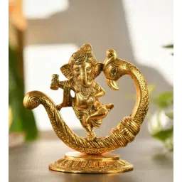 fashion bizz Dancing Ganesha on Peacock Metal Showpiece (Gold)-picture-34
