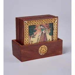 fashion bizz (Set of 6) Ethinic Gomati Printed Wood Table Coaster & Stand with Brass Border (Brown)-picture-35