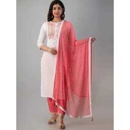 FASHION DEPTH Women White Ethnic Motifs Printed Thread Work Kurta with Trousers & With Dupatta-picture-34