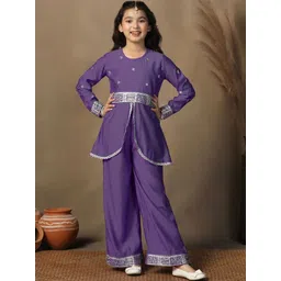 FASHION DREAM Girls Ethnic Motifs Embroidered Angrakha Thread Work Chanderi Silk Kurta with Palazzos-picture-32