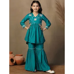 FASHION DREAM Girls Floral Embroidered Regular Thread Work Chanderi Silk Kurti with Sharara-picture-38