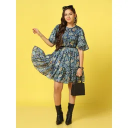 FASHION DREAM Girls Floral Print Flared Sleeve Georgette Fit & Flare Dress-picture-16