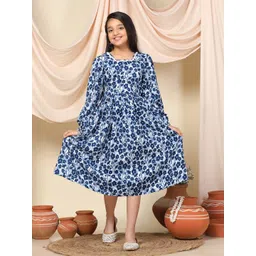 FASHION DREAM Girls Floral Print Square Neck Puff Sleeves Cotton A-Line Midi Dress-picture-18