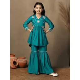 Fashion Dream Kids Turquoise Embroidered Kurti With Sharara Set-picture-47