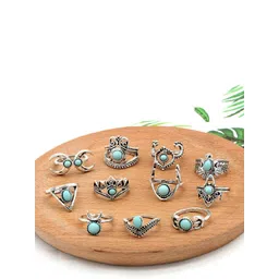 Fashion Frill Set Of 11 Oxidized Silver-Plated CZ Studded Boho Finger Rings-picture-22