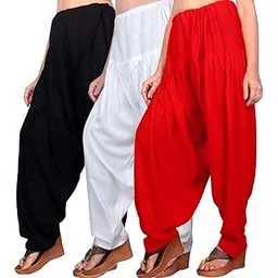 fashion gallery Women's 100% Pure & Soft Rayon Cotton Patiala Pack of 3 (Waist Size 30" inch to 42" inch) Black,White/Red-picture-28