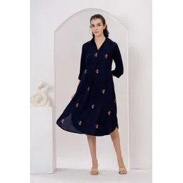 fashion point Women A-line Dark Blue Below Knee Dress-picture-11