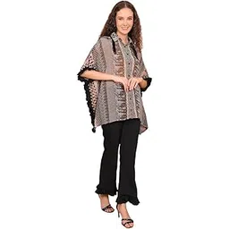 fashion revren Abstract Kaftan Set for Women | Lightweight Crepe V-Neck Maxi Dress with Matching Pants | Boho Loungewear, Beach Cover-Up | Summer Resort Wear (Beige-Black)-picture-31