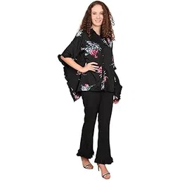 fashion revren Floral Kaftan Set for Women | Lightweight Crepe V-Neck Maxi Dress with Matching Pants | Boho Loungewear, Beach Cover-Up | Summer Resort Wear (Black)-picture-52
