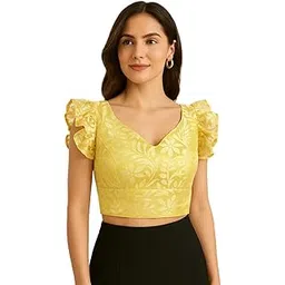 fashion secret V-Neck Net Fabric Sleeveless Lemon Yellow Readymade Saree Blouse for Women's-picture-26