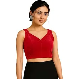 fashion secret V-Neck Velvet Fabric Sleeveless Red Readymade Saree Blouse for Women's-picture-17
