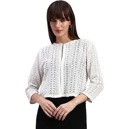 fashion senoraa Women’s White Lace Cotton Shrug | 3/4 Sleeve Jacket Style Koti | Casual Self-Design Shrug-picture-52
