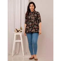 FASHION SWAG Floral Print Mandarin Collar Cotton Top-picture-26