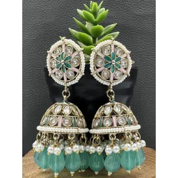 Fashion Theme Women Green Kundan & Pearl Jhumka Earrings-picture-20