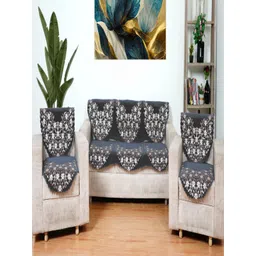 Fashion Throw Grey & White 6 Pieces Floral Printed 5-Seater Jacquard Sofa Covers-picture-13