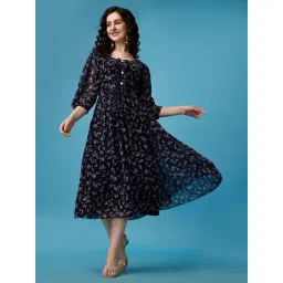 Fashion2wear Blue Floral 3/4th sleeves Midi Dress-picture-26