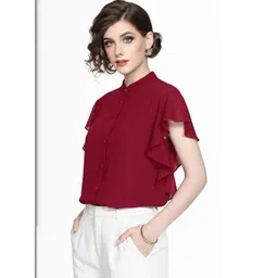 Fashion2wear Mandarin Collar Flutter Sleeve Ruffles Georgette Top-picture-30